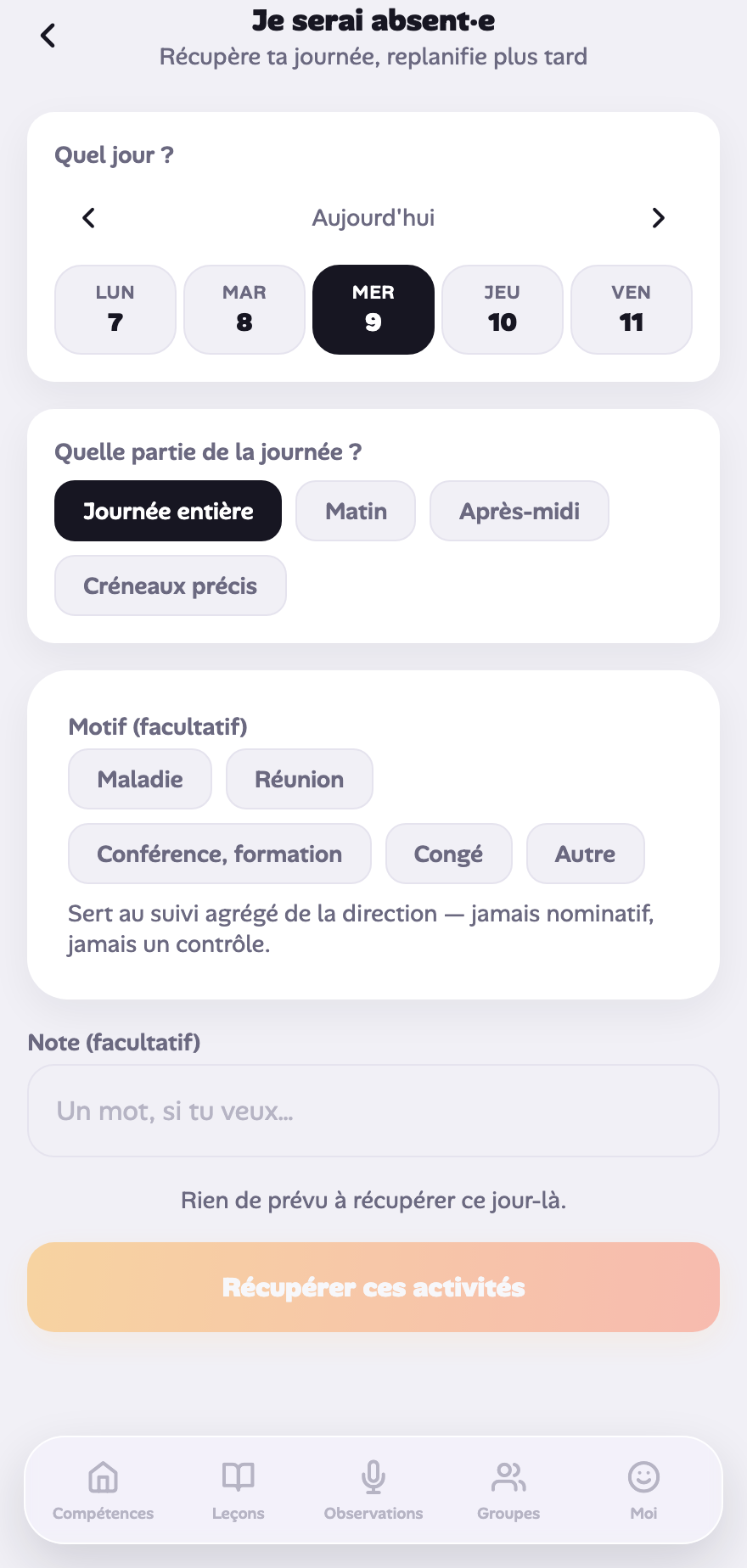 Capture auto : l'écran « Je serai absent·e ».