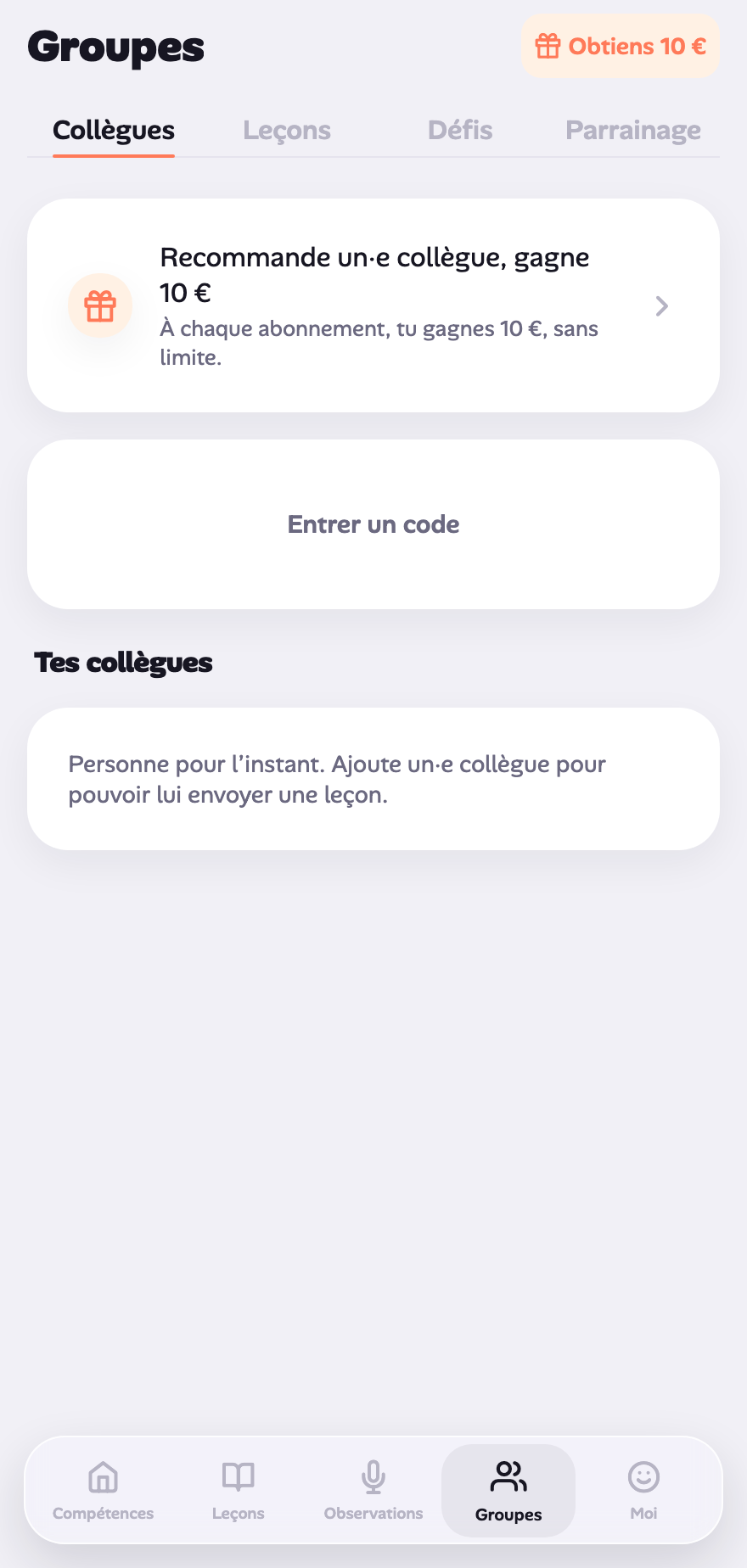 Capture auto : l'écran Collègues.