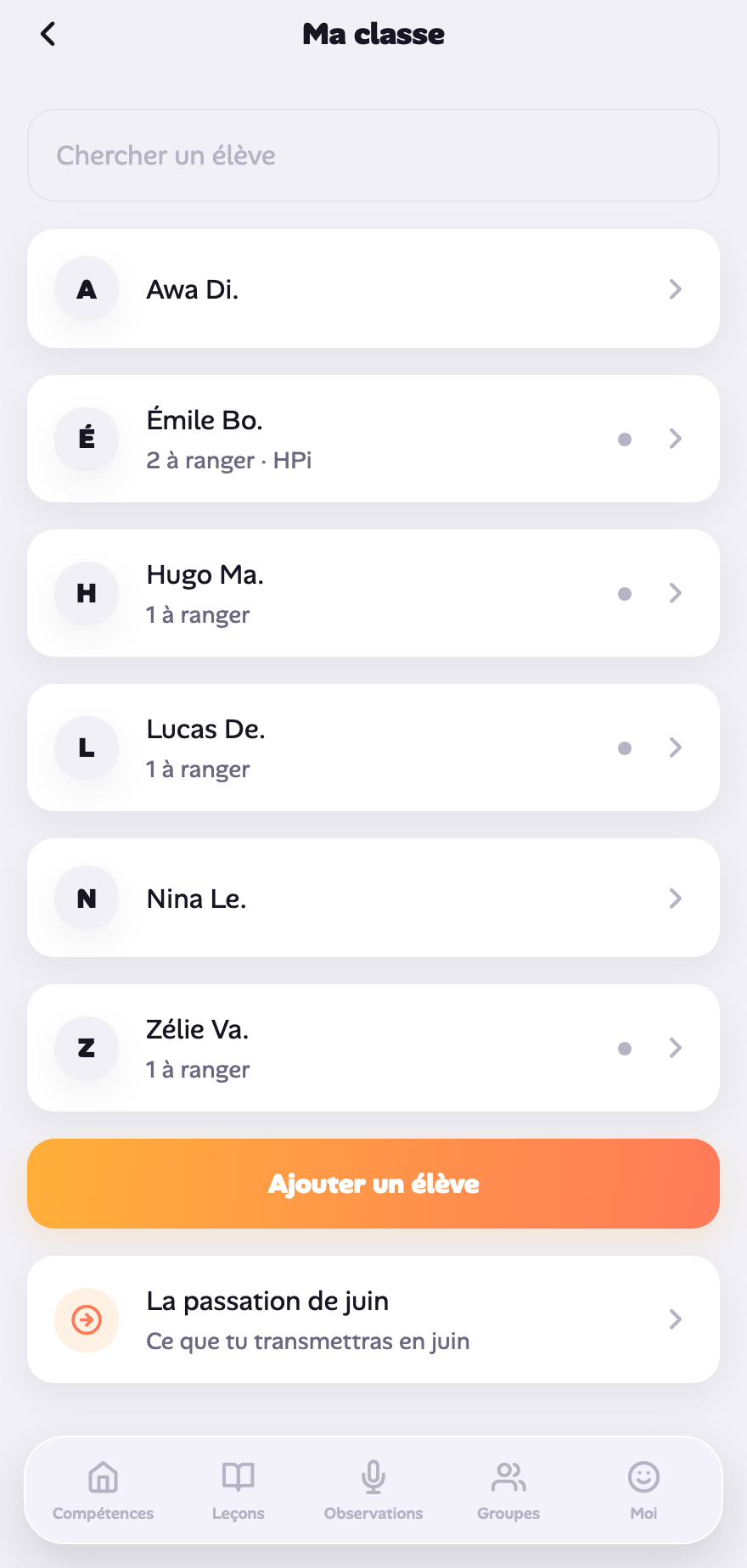 Capture auto : la liste des élèves.