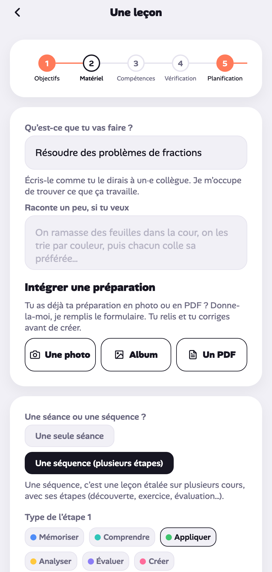 Capture auto : l'ajout d'étapes avec le niveau suggéré.