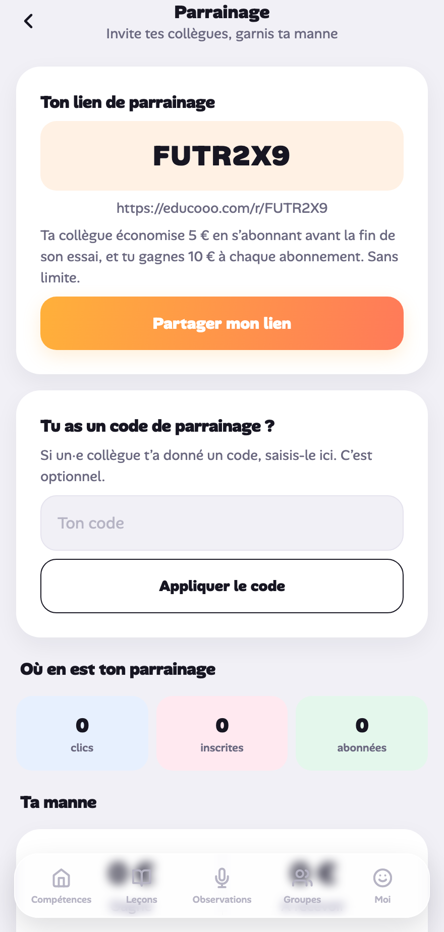 Capture auto : le panneau parrainage.