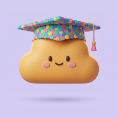 Cloudy, la mascotte d'EducooO, coiffée d'un chapeau de diplômé
