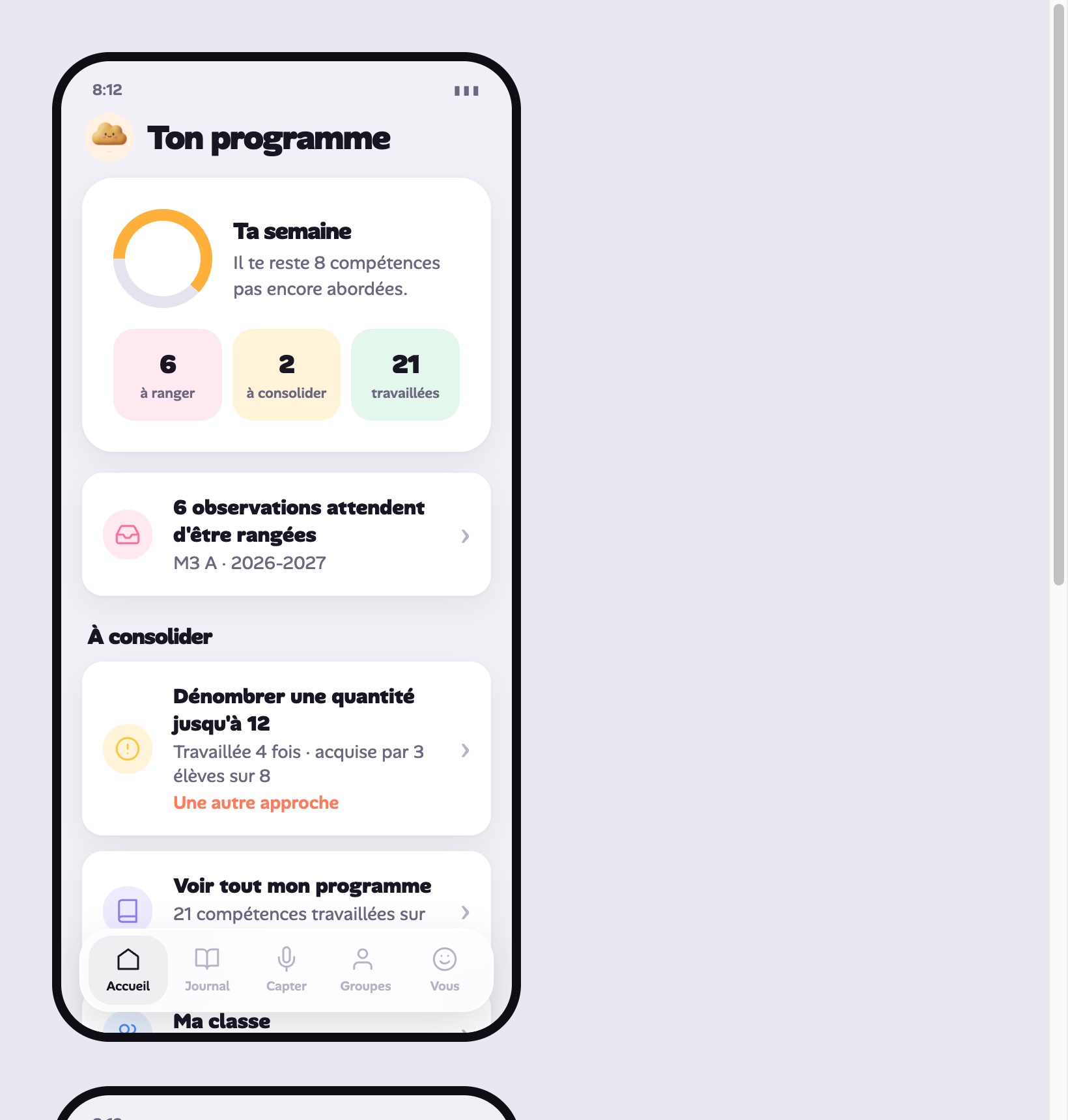 Deux écrans réels d'EducooO : l'accueil « programme » et la capture vocale d'une observation